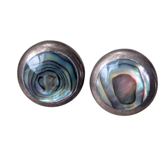 Vintage Abalone Sterling Silver Earrings Stamp 925 Mexico Shell Boho Round Stud - Picture 1 of 7